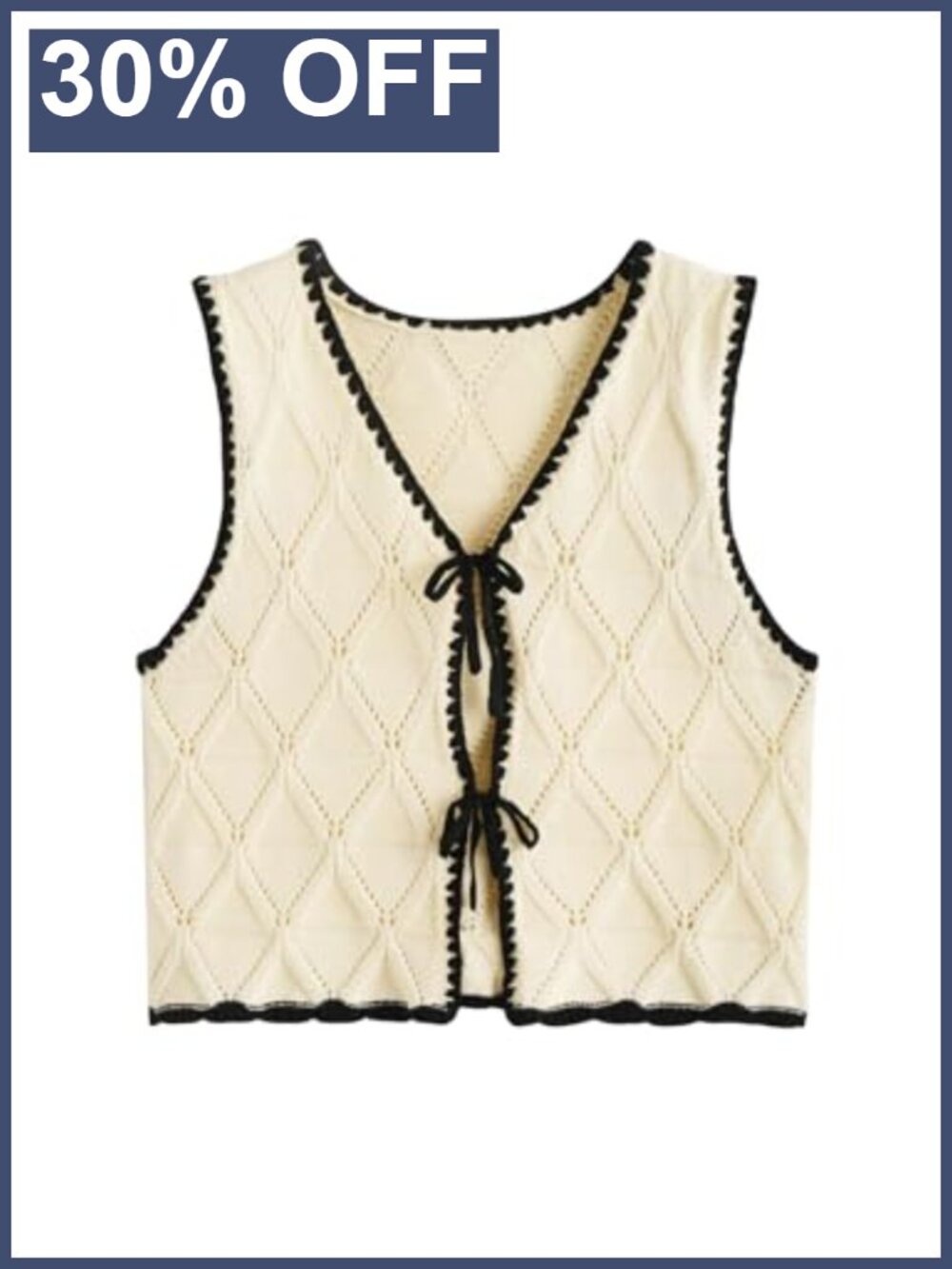 Crochet Knit Sweater Vest Sleeveless V Neck Tie Front Knot Top